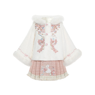 十三余童装【玛丽猫-猫咪雪绒花】套装刺绣连帽外套马面裙两件套