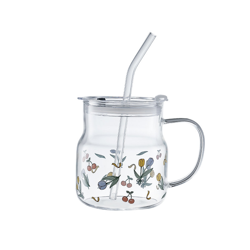 郁金香梅森杯玻璃吸管带盖花茶杯