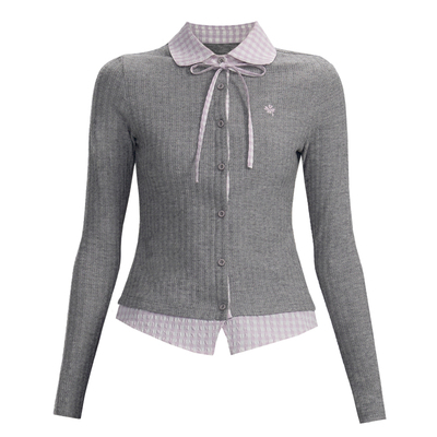 易碎商店粉灰格假两件针织上衣