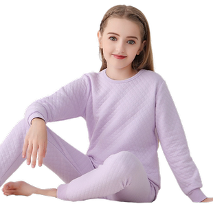 猫人女孩大童三层保暖内衣儿童秋衣秋裤套装全纯棉夹棉睡线衣加厚