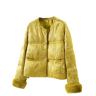 刺绣提花新中式90白鹅绒羽绒服女2025秋冬水貂毛小葫芦皮草外套