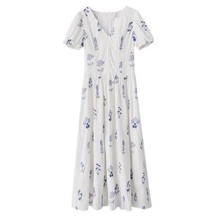 【清仓秒杀】夏季泡泡袖法式气质温柔风收腰白色v领碎花连衣裙女