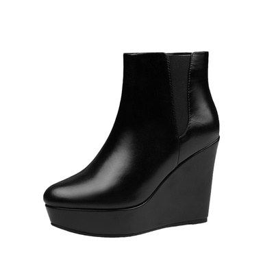 真皮坡跟厚底侧拉链切尔西短靴