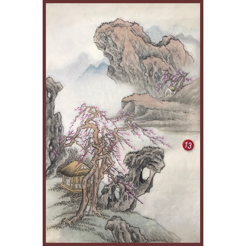手工绘制中式山水国画梅花树小屋山石风景画复古手绘装饰画国画