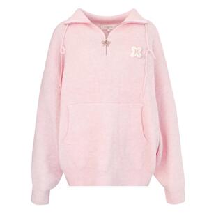 沈月同款 Kroche 慵懒休闲 撞色立体绣宽松长袖翻领针织卫衣