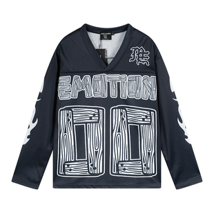 MIXED EMOTION运动休闲美式嘻哈街头字母印花宽松V领长袖T恤男女