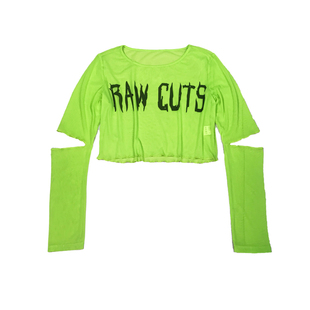 爵士夏季薄款荧光绿色透视网纱舞蹈表演高腰短款露脐长袖宽松上衣