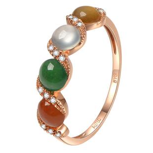 【彩豆】缅甸冰种玉髓戒指S925银镀18K嵌彩玉宝石指环百搭玫瑰金