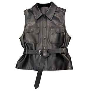 2025春款减龄洋气短款翻领真皮马甲女绵羊皮坎肩背心显瘦皮衣收腰