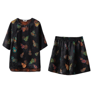 SILVIYE/溯也100%桑蚕丝葫芦香云纱花萝红云纱真丝短袖短裤套装女