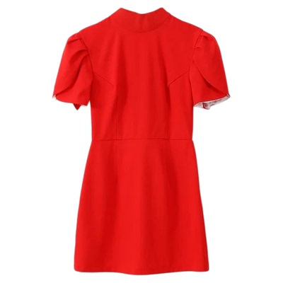 半高领短袖红色连衣裙