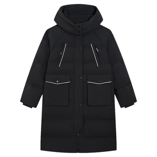 特步中长款羽绒服女连帽2025冬季款高端运动保暖防风女子鸭绒外套