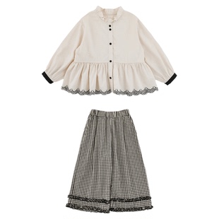 幼悠女童春秋新款甜美花边立领衬衫格纹直筒裤小女孩乖巧可爱套装
