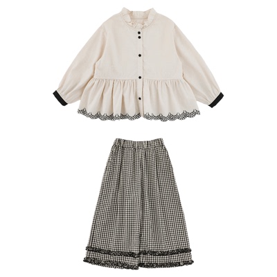 幼悠女童春秋新款甜美花边立领衬衫格纹直筒裤小女孩乖巧可爱套装