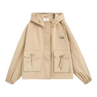 紫涵大口袋连帽短外套女秋季新款复古学院风通勤宽松休闲拉链上衣