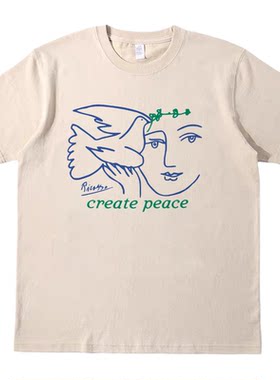 peace和平鸽vintage艺术画复古短袖bf男女情侣T恤纯棉tee tshirt