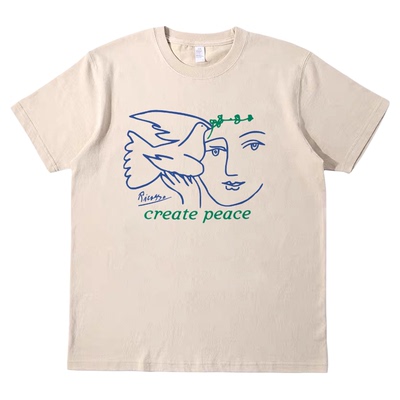 peace和平鸽vintage艺术画复古短袖bf男女情侣T恤纯棉tee tshirt