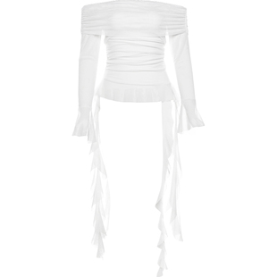 KLIOU 纯欲性感风一字肩网纱T恤女荷叶边拼接飘带显瘦不规则上衣