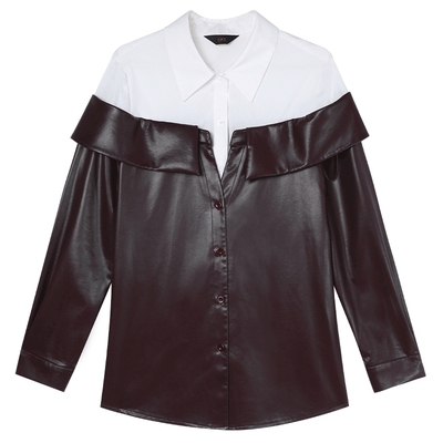 白鹿语假两件衬衫拼接PU皮外套