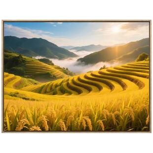 五谷丰登餐厅挂画金稻梯田客厅装饰画风景画喜土金吉祥风水画定制