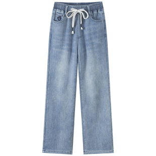 浅色松紧腰特厚羊羔绒牛仔裤女冬季加绒学生宽松显瘦直筒阔腿裤子