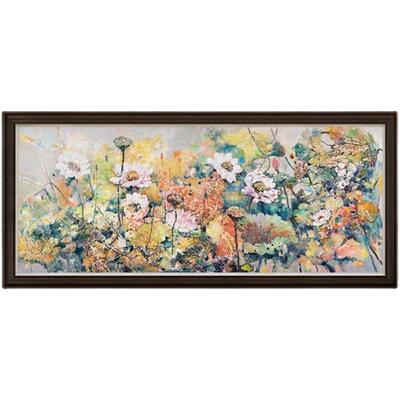 风色新中式客厅背景墙荷花油画