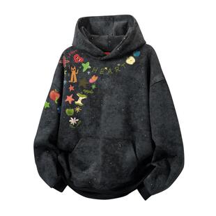 查尔斯桃心美式满天星连帽卫衣男秋冬季涂鸦印花宽松休闲情侣上衣