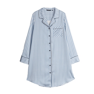 ELLE条纹长袖睡裙女春季可外穿高级感绸缎凉感睡衣家居服新款