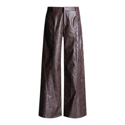 RNBN复古棕色直筒休闲阔腿PU皮裤