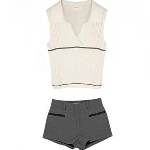纯欲白色polo领针织无袖背心女夏季修身显瘦时尚上衣百搭高腰短裤