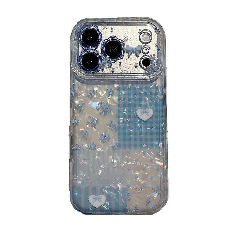 适用苹果系列iPhone17新款手机壳13pro/16promax清新蓝色彩贝拼格15pro/14promax全包闪粉花朵镜框网红保护套