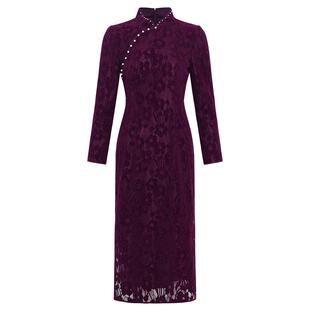 黛玛诗法式优雅旗袍秋款婚宴礼服蕾丝国风连衣裙女复古新中式紫色