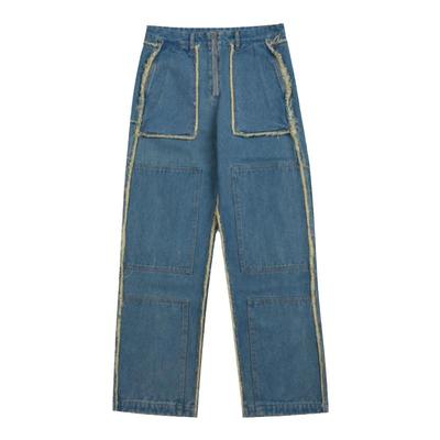 YOWSAH 侧袋外翻复古毛边丹宁直筒牛仔长裤 浅牛仔蓝