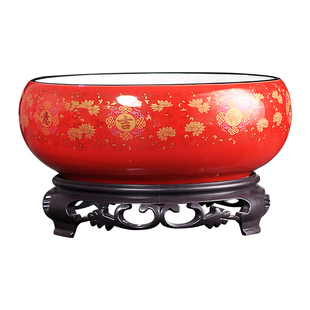 创意红色水仙花一叶莲水培盆铜钱草的花盆水培植物水养陶瓷大口径