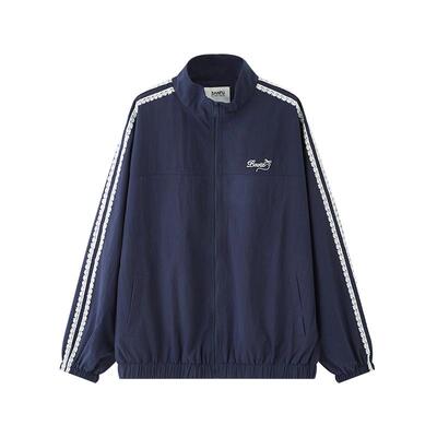 三福外套女2026新款春季小个子运动风蕾丝条纹宽松夹克女装514765