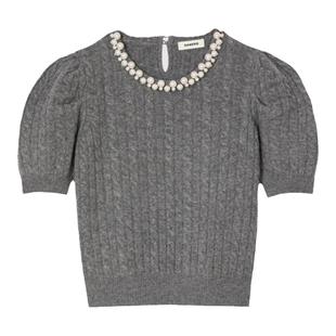 SANDRO春夏女装法式经典欧若风穿搭绵羊毛灰色仿珠饰泡泡袖羊毛衫