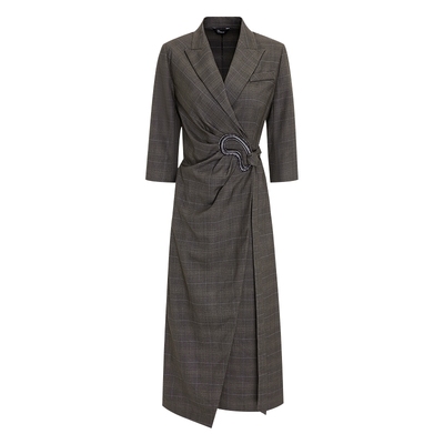 IDPAN西装裙英伦风格纹V领收腰显瘦高级感长袖连衣裙2025秋季新款