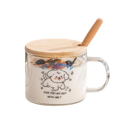 ins高硼硅玻璃杯可爱线条小狗吸管水杯盖勺大号卡通情侣闺蜜宿舍