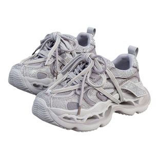 高端品质时尚老爹鞋女2026春季新款炫酷汤钻系带厚底运动休闲鞋潮