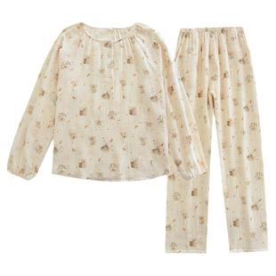 春夏秋薄纯棉泡泡棉纱圆领可爱树袋熊圆领套头长袖家居服睡衣套女