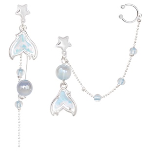 IPINK原创夏日湖蓝鱼尾不对称设计ab款耳环耳夹无耳洞耳骨夹小众