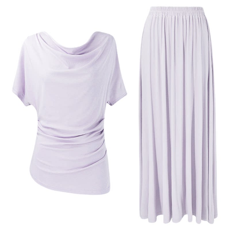 SYT原创 露肩显瘦荡领套装连衣裙女2026春季新款褶皱设计两件套裙