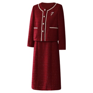 喜婆婆婚宴装礼服裙两件套女春秋冬新款妈妈装小香风外套连衣裙女