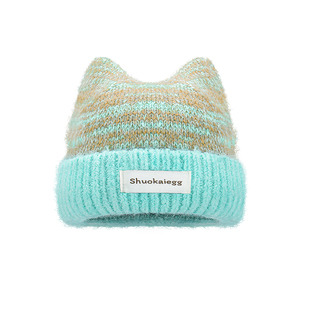 可爱猫耳朵薄荷绿毛线帽女冬季加厚保暖冷帽大头围显脸小针织帽子