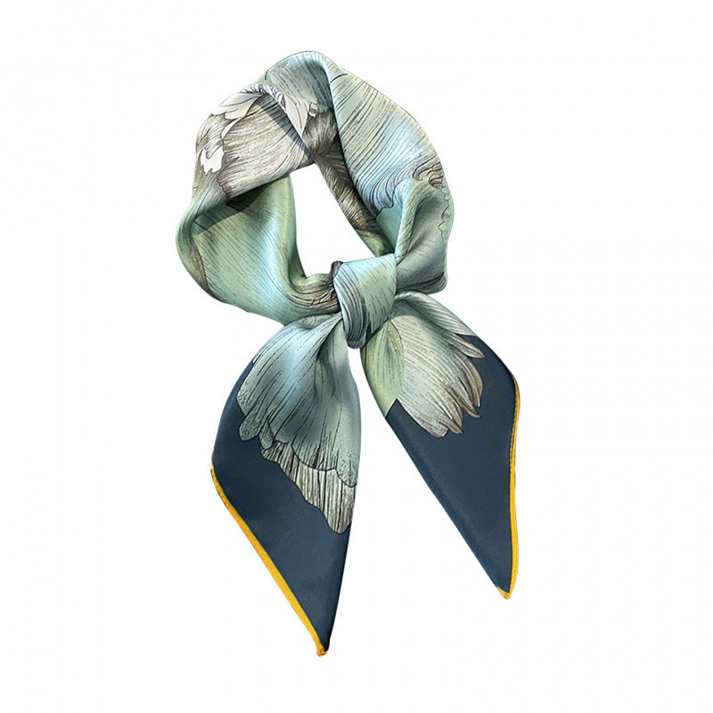 春秋法式花卉拼色真丝方巾披肩
