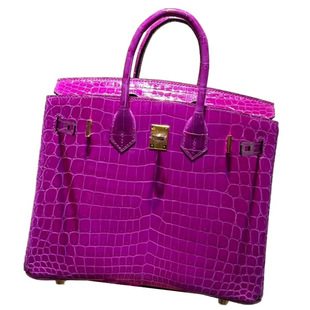 天方夜谭紫亮面尼罗鳄鱼皮BK铂金包25CM全手工缝高档女包奢侈品