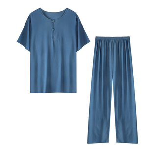 男士短袖长裤套装夏季家居服加肥加大人造棉棉绸睡衣薄款中老年人