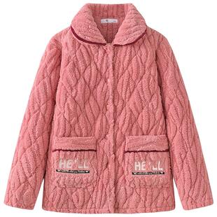 睡衣女上衣单件秋冬款加厚保暖珊瑚绒夹棉袄外套加大码冬款家居服