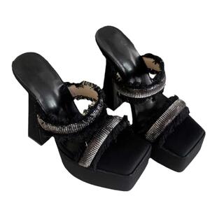 绝美！恨天高增高粗跟凉拖鞋显腿长 15cm超高跟防水台水钻凉鞋女