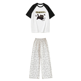 卡通猫碎花裤子女款小个子两件套装ins风冰丝阔腿裤女夏长裤宽松